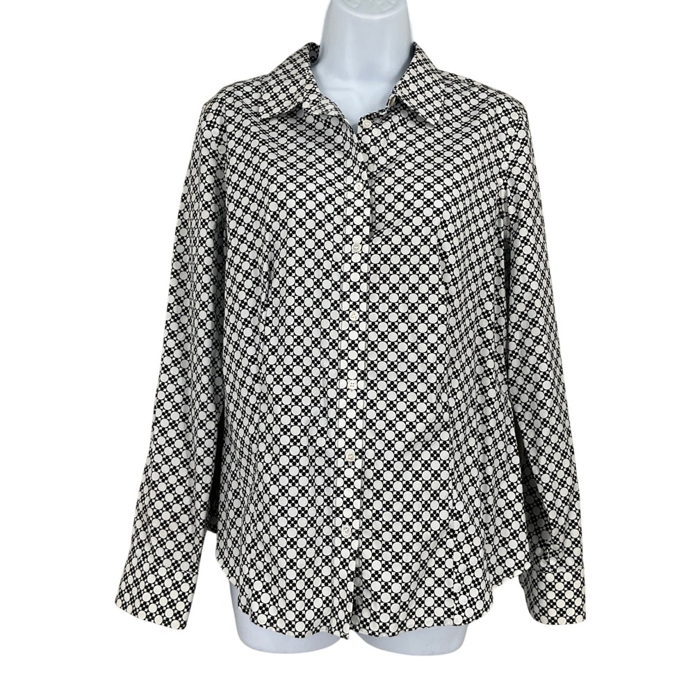 Talbots Button Up Shirt Womens 10 Black White Cotton Non-Iron Geometric Classic